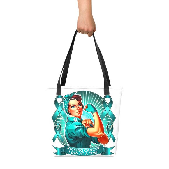 NWT - Kicking Cancer 1 Day At Time 15 x 15 Cancer Tote Bag - Ovarian Cancer - Picture 5 of 7